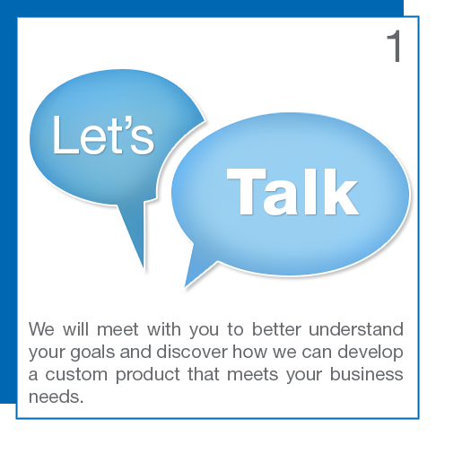 Let's Talk — We will meet with you to better understand your goals and discover how we can develop a custom product that meets your business needs.